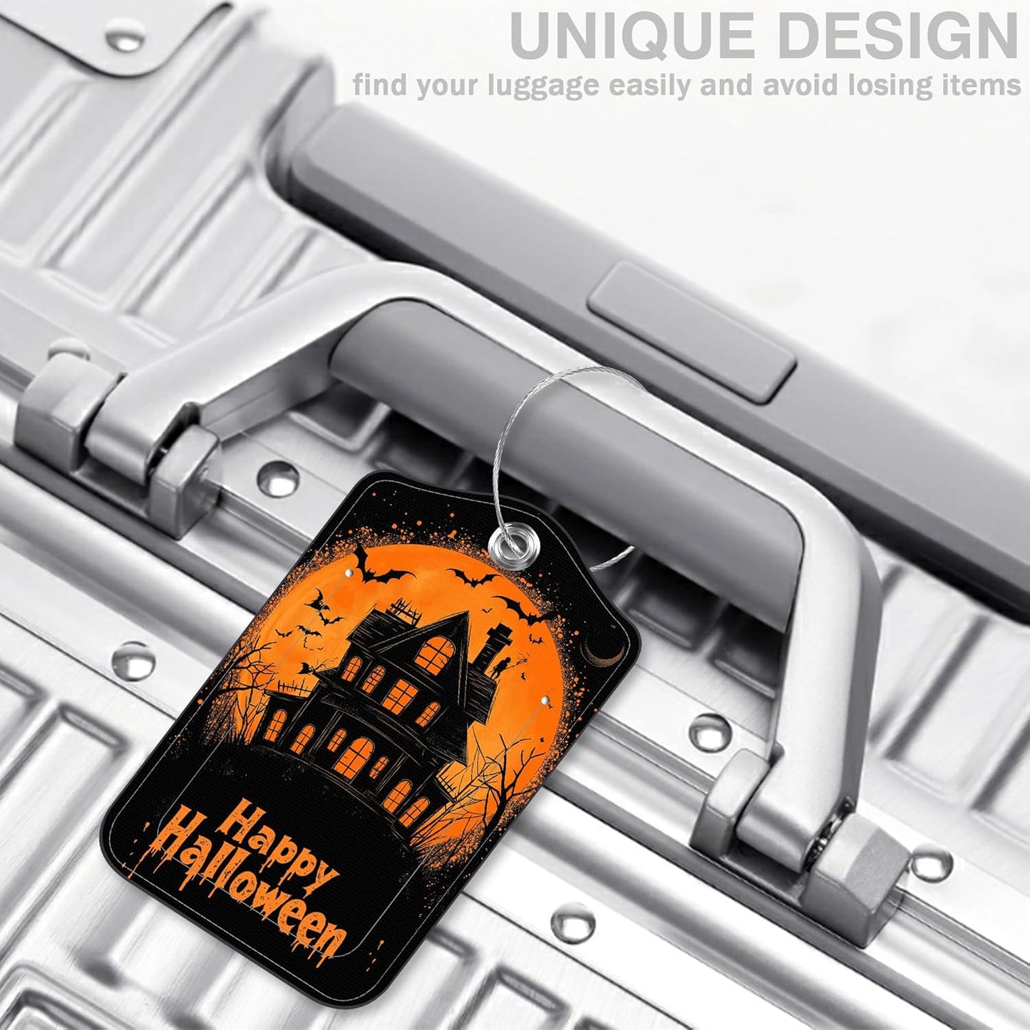 2 Pack Bat and Ghost Luggage Tags for Suitcases Happy Halloween Castle Leather Luggage Tags Privacy Cover ID Label with Stainless Steel Loop and Address Card for Women Men Travel Bag Backpack