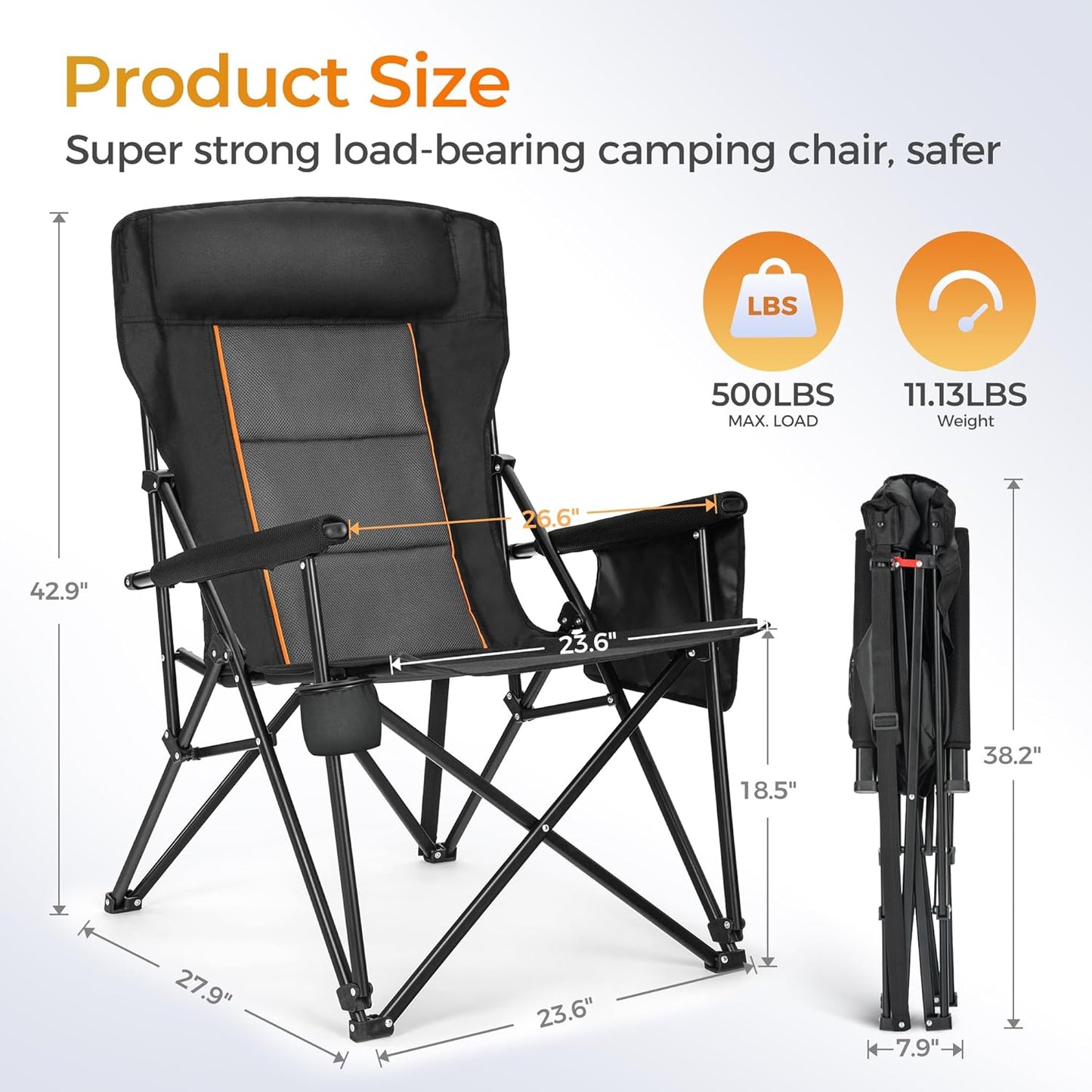 ALPHA CAMP Heavy Duty High Back Camping Chairs with Cup Holder Oversized Folding Chair Outdoor Chair with Headrest,Lawn with Side Pocket for Lawn, Sports and Fishing, 500lbs