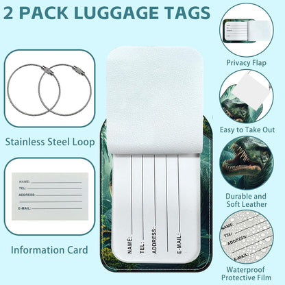 Dinosaur in The Forest Luggage Tag for Suitcase Set of 2 PU Leather Cute Luggage Tags with Stainless Metal Loop ID Label Privacy Flap Suitcase Tags for Women and Men Travel