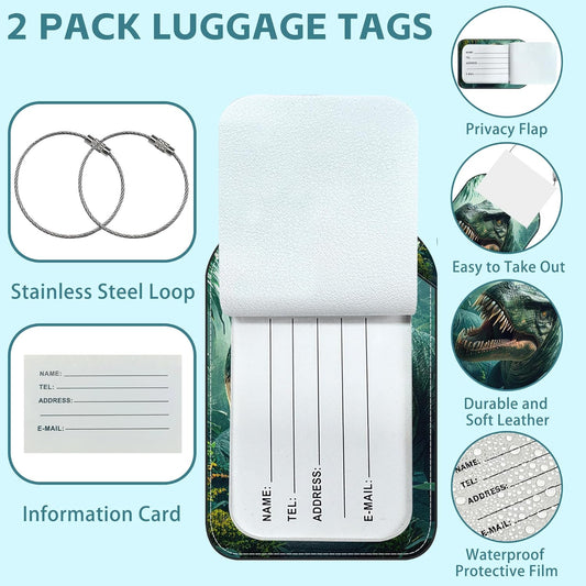 Dinosaur in The Forest Luggage Tag for Suitcase Set of 2 PU Leather Cute Luggage Tags with Stainless Metal Loop ID Label Privacy Flap Suitcase Tags for Women and Men Travel