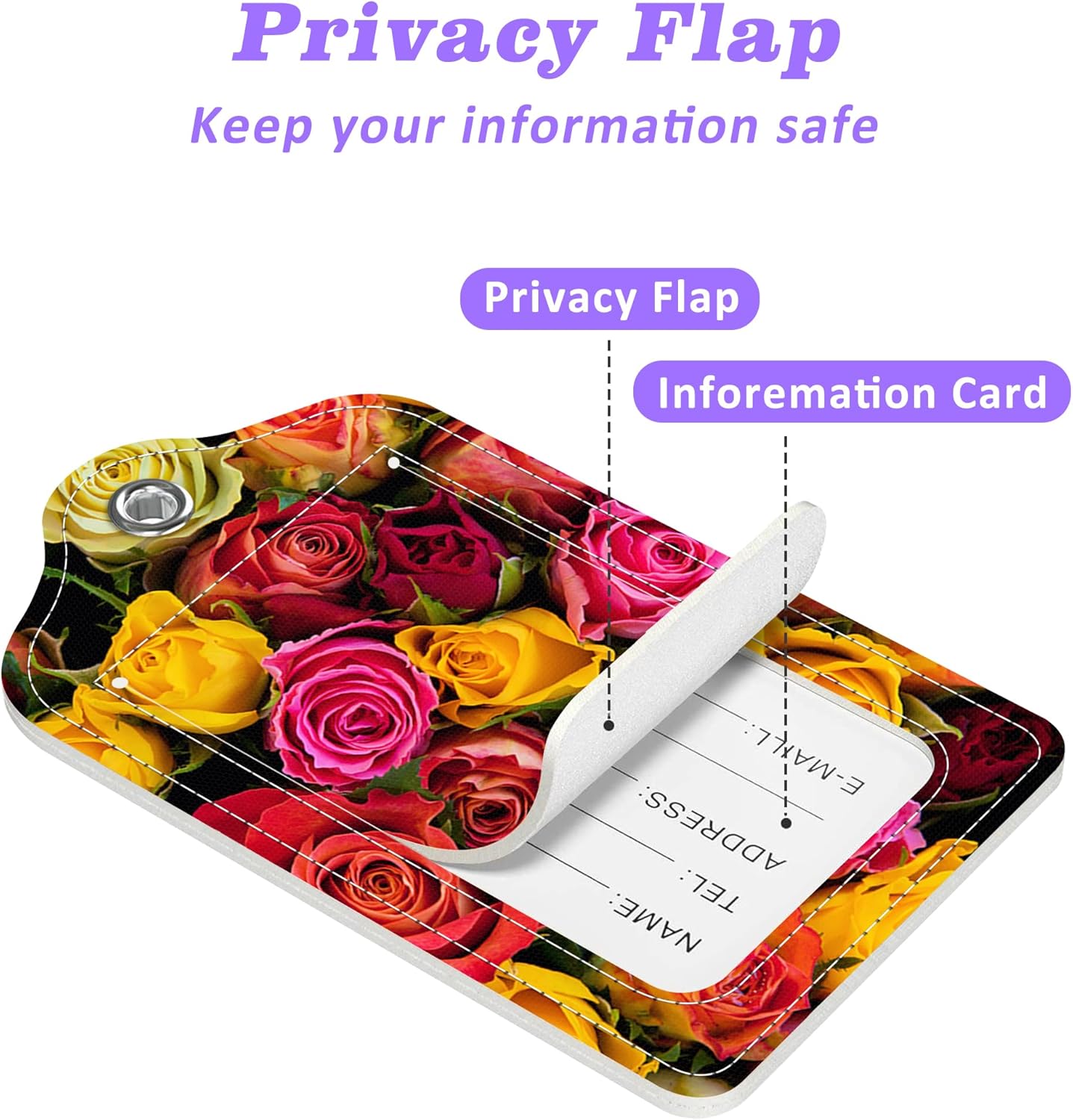 Colorful Roses Luggage Tags 2PCS PU Leather Suitcases Tag with Stainless Steel Loop and Privacy Name Address Cover Label Card for Women Men Travel