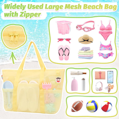 Tagitary Mesh Beach Bag with Zipper Large Beach Tote Waterproof Sandproof with 8 Pockets for Toys Pool Bag Beach Accessories