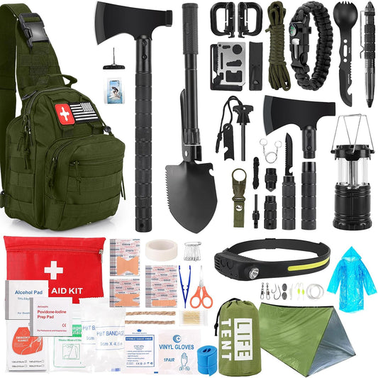 Survival Kit, 268 Pcs Emergency Survival Gear and Equipment Supplies with First Aid Kit, Camping Axe, Headlamp, Tent, Crossbody Bag for Camping Hiking, Hunting, Car, Gift for Christmas Men, Dads, Him