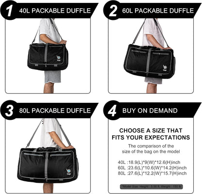 Bago Foldable Duffel Bags for Traveling Women & Men - 60L Medium Packable Duffle Bag for Travel with Shoe Compartment - Water Repellant, Heavy Duty, Lightweight Folding & Collapsible (Green)