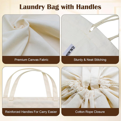 Canvas Laundry Bags with Handles & Square Base 13.8"x 13.8", Large Heavy Duty Laundry Basket Hamper Liner, College Dorm Washable Drawstring Cotton Dirty Clothes Bag (Beige,1 Pack)