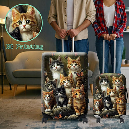 Luggage Cover + Tag, Cats Family Travel Suitcase Protector for 24 inch Luggage (M) with Concealed Zipper, Washable Elastic Cloth, Dustproof, Anti-Scratch