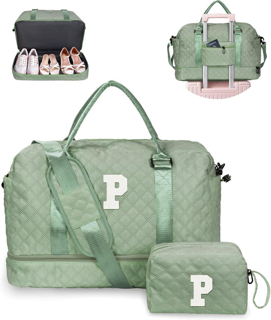 Teacher Gifts Monogrammed Gift for Women-Initial Travel Bag with Shoe Compartment, Personalized Weekender Bag, Monogram Overnight Bag for Women, Letter Travel Bag with Makeup Bag (Letter P)