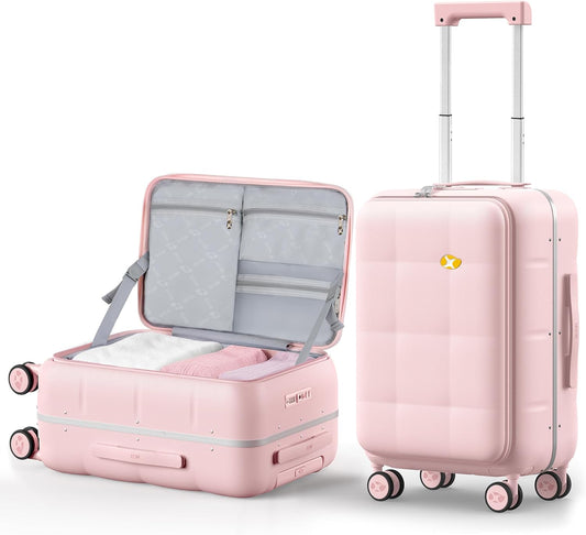 MGB 20 Inch Top Open Carry On Luggage 22x14x9 Airline Approved, 100% PC Hard Shell Carry On Suitcase with Spinner Wheels, Front Opening Travel Luggage for Women Men Gifts. Pink