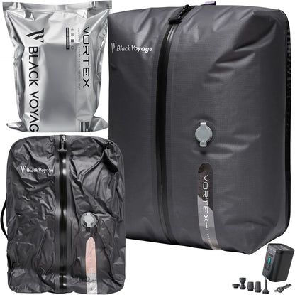 Black Voyage Reusable Vacuum Compression Travel Bag for Carry-On Suitcase and Backpack, Recycled IP67 Waterproof Space Saver Vacpack (1-Pack, 18L - Pump Included)