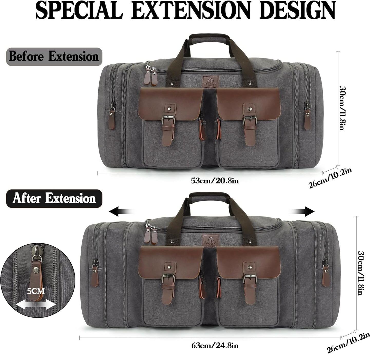 Canvas Duffle Bag for Men 50L Travel Duffel Bags Expandable Genuine Leather Duffel Overnight Weekender Carry On Bag Two Zipper Pockets Travel Bag (Grey, Large-50L)