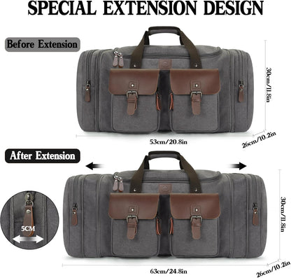 Canvas Duffle Bag for Men 50L Travel Duffel Bags Expandable Genuine Leather Duffel Overnight Weekender Carry On Bag Two Zipper Pockets Travel Bag (Grey, Large-50L)