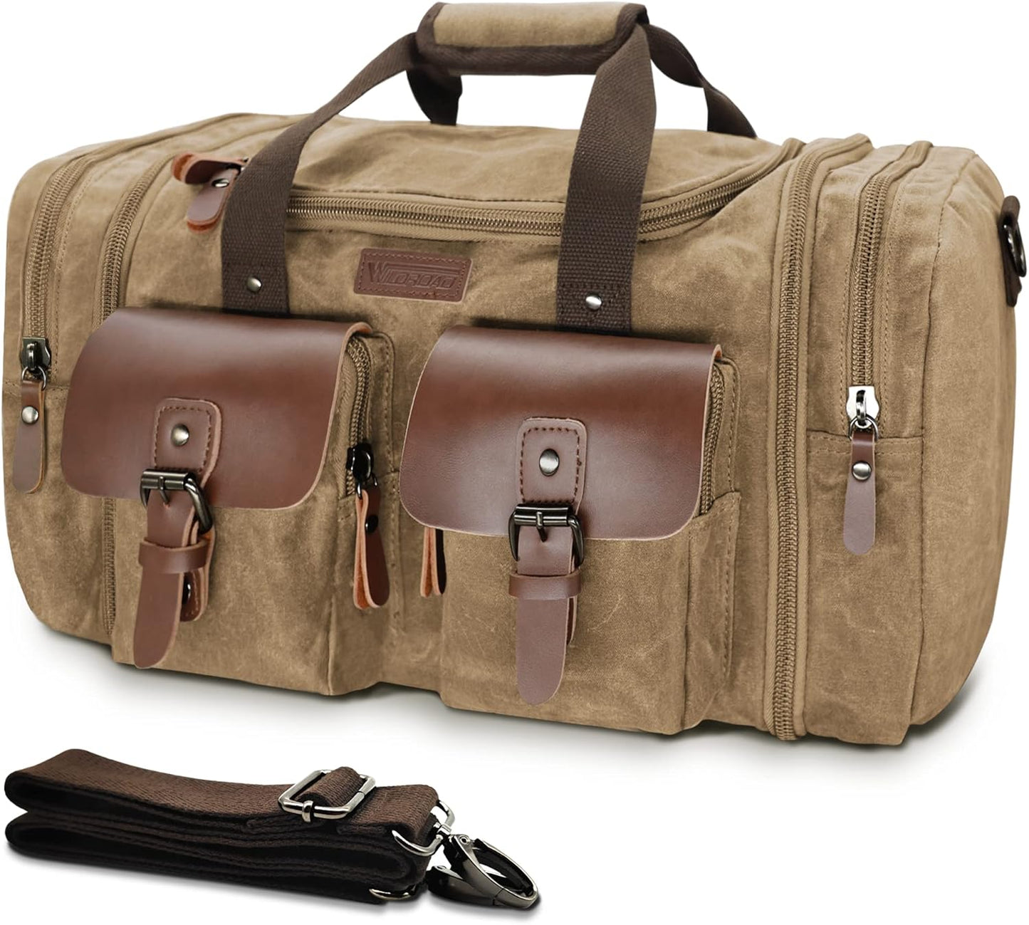 Wildroad Waxed Canvas Genuine Leather 50L Waterproof Duffle Bag - Vintage Travel Weekender Overnight Carry On