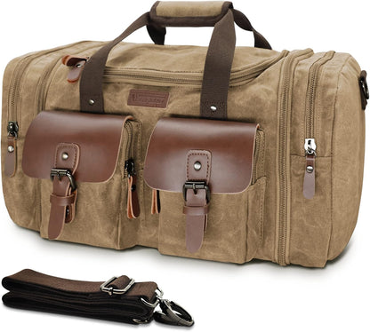 Wildroad Waxed Canvas Genuine Leather 50L Waterproof Duffle Bag - Vintage Travel Weekender Overnight Carry On