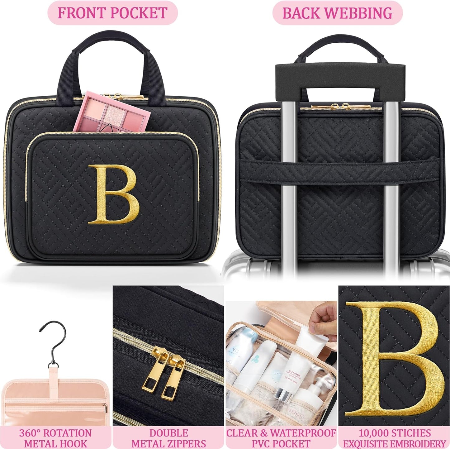 Gifts for Women, Initial Toiletry Makeup Bag Hanging Cosmetic Organizer with Embroidery Letter Personalized Nurse Teacher Appreciation Gift Birthday Christmas Gifts for Mom Sister Wife Friend Auntie