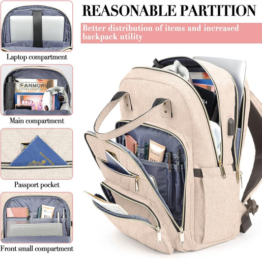Laptop Backpack for Women, High School Bookbag for Girls with USB Port Charging, 15.6 Inch Water Resistant Computer Bag for Work, Travel College Back Pack Purse Gifts for Student Teacher, Beige