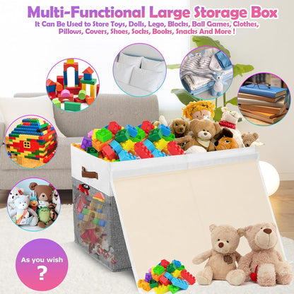 Large Toy Storage Box with Lid, Collapsible Sturdy Toys Storage Organizer Chest Bin Basket with Mesh Divider for Kids, Boys, Girls, Closet, Playroom, Bedroom, Nursery, 26"x17"x17" (Gray and White)