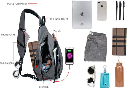 Water-Proof Sling bag/Crossbody Backpack/Shoulder Bag with USB Charging Port for Travel, Hiking, Cycling, Camping