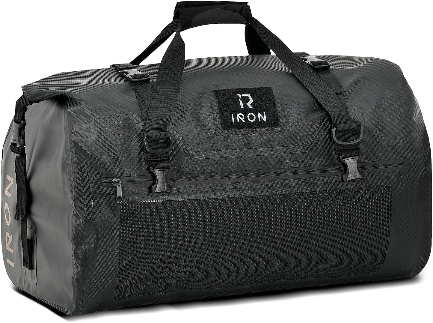 IRON JIA'S Motorcycle Dry Bag - Waterproof Duffle & Luggage Tail Bag Saddle Bags with Roll Top Closure, Shoulder Straps, Inner Pocket and Mesh Pocket (Carbon Fiber, 50L)