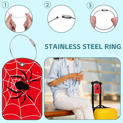 Spider on Spider Web Luggage Tag for Suitcase Set of 2 PU Leather Cute Luggage Tags with Stainless Metal Loop ID Label Privacy Flap Suitcase Tags for Women and Men Travel