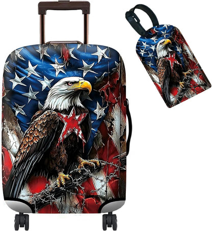 Luggage Cover + Tag, Eagle American Flag Travel Suitcase Protector for 18-20 inch Luggage (S) with Concealed Zipper, Washable Elastic Cloth, Dustproof, Anti-Scratch