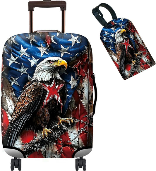 Luggage Cover + Tag, Eagle American Flag Travel Suitcase Protector for 18-20 inch Luggage (S) with Concealed Zipper, Washable Elastic Cloth, Dustproof, Anti-Scratch