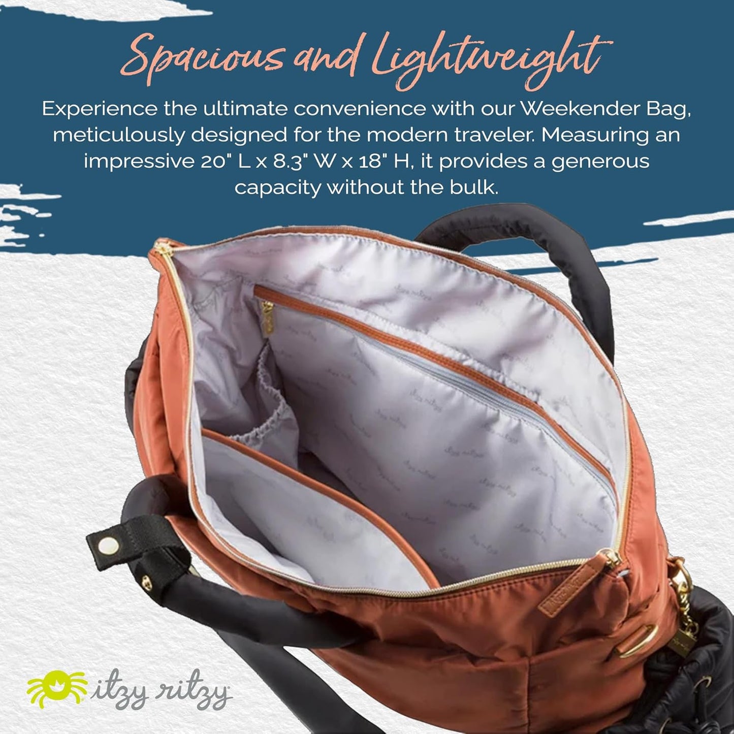 Itzy Ritzy Dream Weekender Travel Bag – Lightweight Overnight Bag with Base Compartment, 12 Pockets, Bottle Holders & Strap