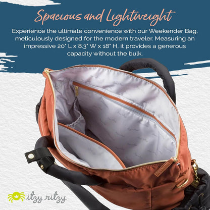 Itzy Ritzy Dream Weekender Travel Bag – Lightweight Overnight Bag with Base Compartment, 12 Pockets, Bottle Holders & Strap