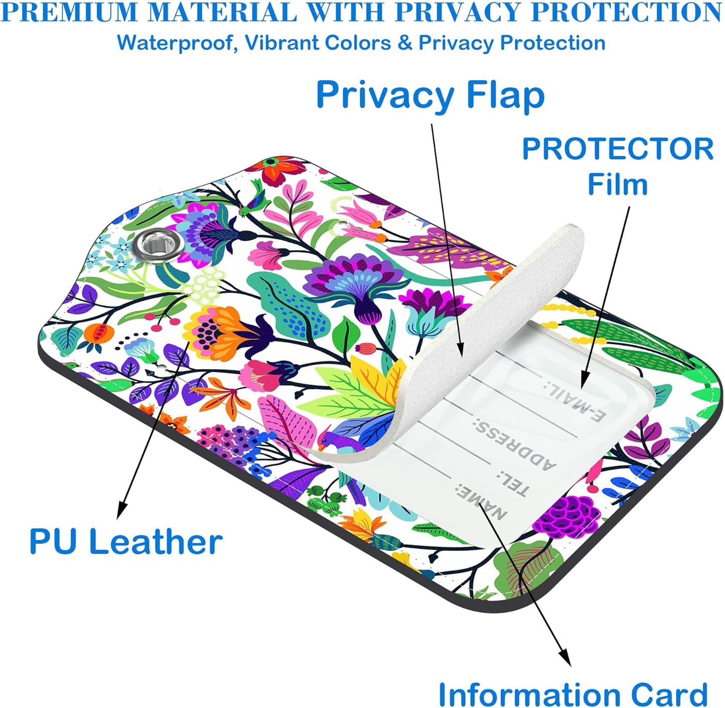 Colorful Flowers and Tropical Leaves Luggage Tags for Suitcases Leather Travel Tags for Luggage ID Label with Privacy Cover and Stainless Steel Loop for Men Women Suitcase Backpack, Set of 2