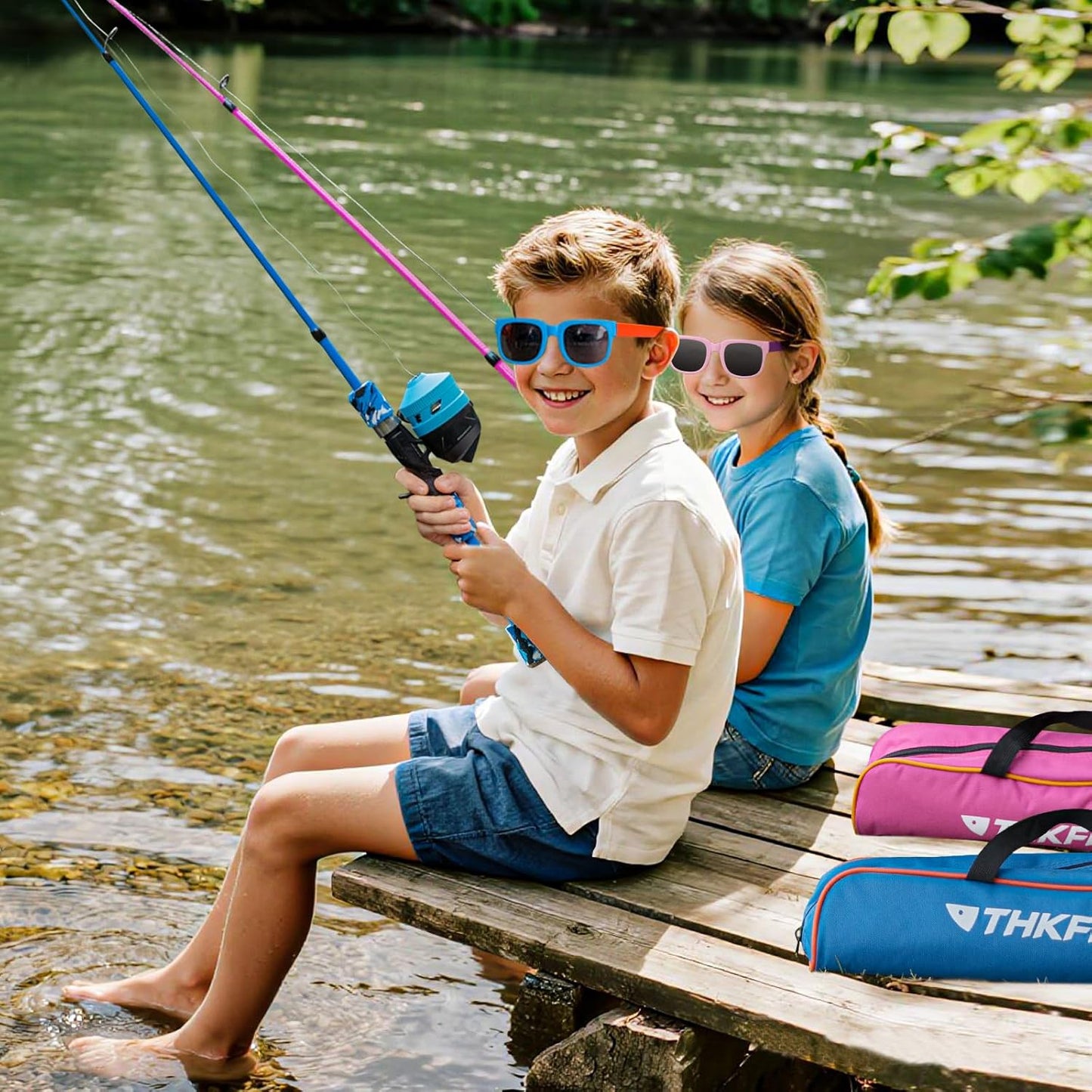 Kids Fishing Pole Set, Telescopic Fishing Rod Reel Combo Kids Starter Kit with Lures Tackle Box, Foldable Stool and Portable Bag for Boys Girls Younth