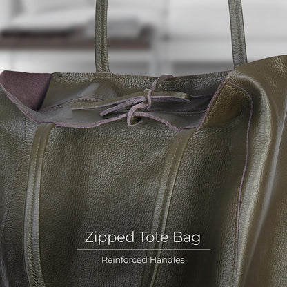 Italian Calf Leather Tote for Women with Zipper, Inner Pocket & Flat Base | Soft Unlined Shopper for Work & Travel