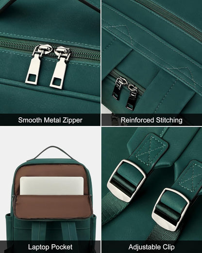 MASINTOR 15.6 inch PU Leather Laptop Backpack Purse for Women, Large College Casual Backpack Travel Bag Retro Green