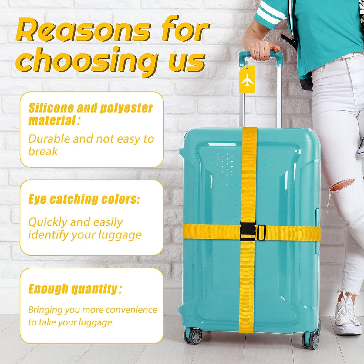 Weewooday 8 Pcs Luggage Straps Suitcase Tags Set for TSA Approved, 4 Travel Adjustable Suitcase Belt, 4 Silicone Luggage Tags with Name ID Card Travel Accessories(Yellow,Airplane)