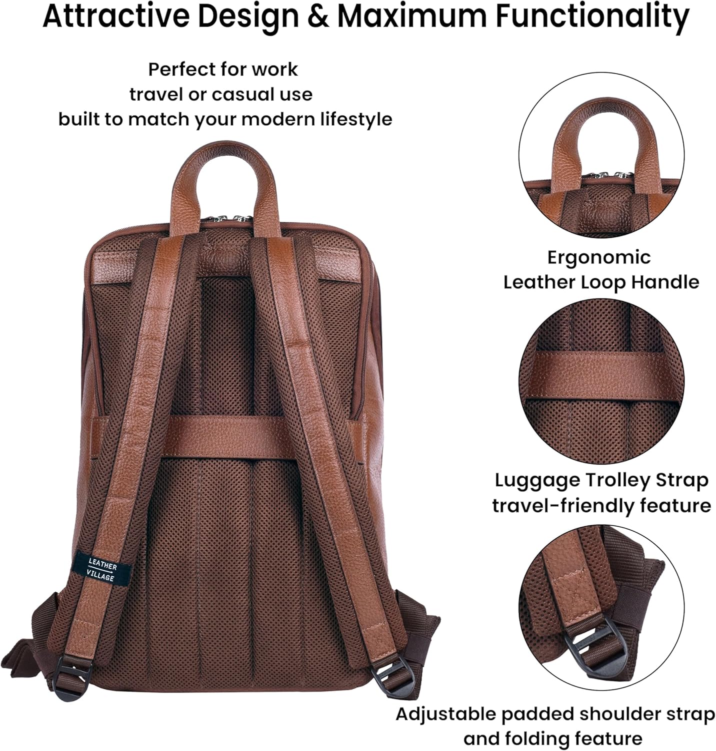 LEATHER VILLAGE Leather Laptop Backpack for Men |Brown | Slim Professional Business Bag Fits 15.6”-Laptop | Water-Repellent Work & Travel Daypack with Trolley Strap