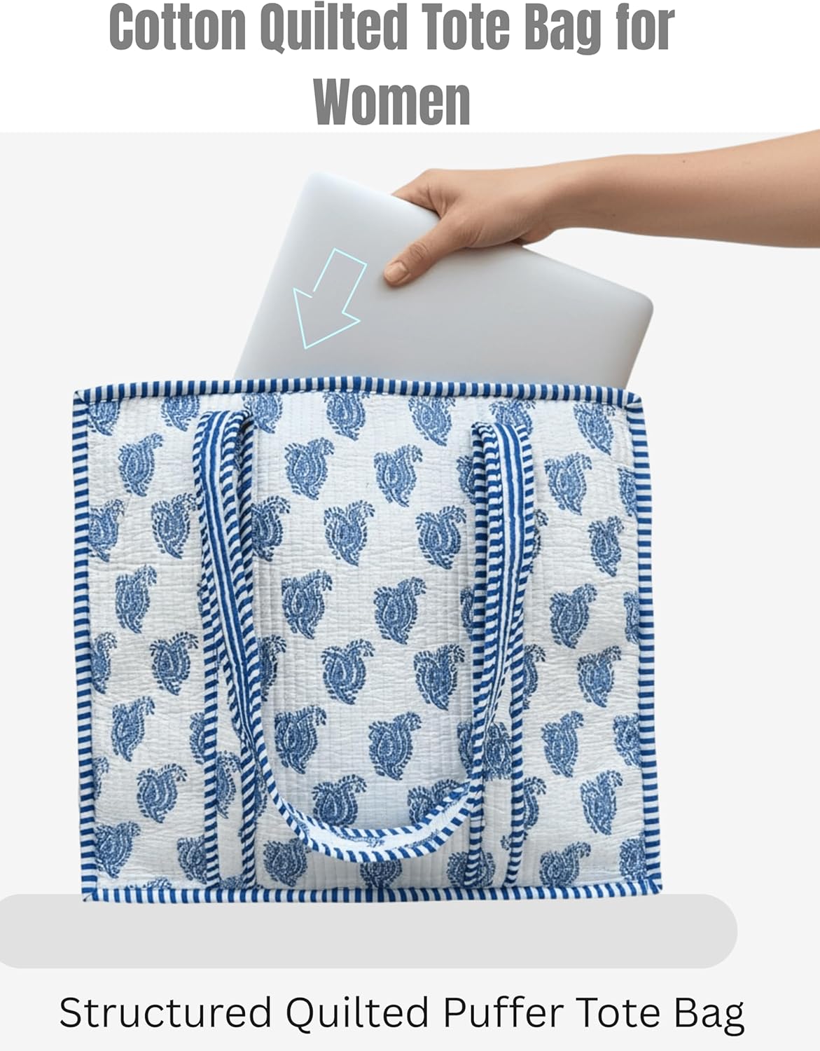 Cotton Quilted Tote Bag for Women – Large Beach & Travel Tote with Zipper, Reusable Grocery Bag