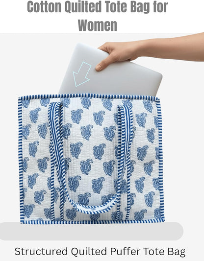 Cotton Quilted Tote Bag for Women – Large Beach & Travel Tote with Zipper, Reusable Grocery Bag