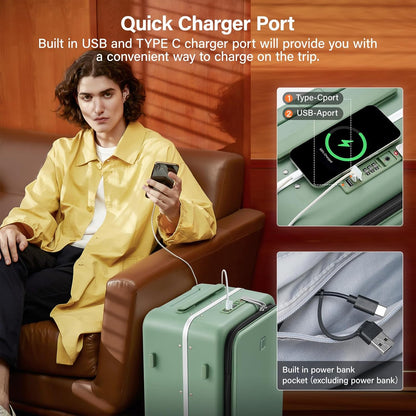 Hanke 20 Inch Carry On Luggage with Cup Holder and Charge,Top Opening Hard Shell Suitcases with Wheels and Dividers,Aluminum Frame Trunk Luggage Small Suitcase with Lock for Travel,Forest Green