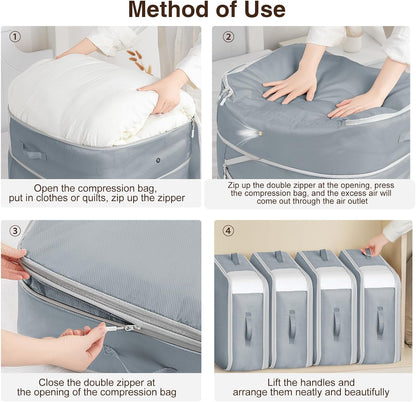 4 Pack Compression Storage Bags - 110L Large Capacity Comforter Storage Bag, 3-Layer Washable Ultra Space Saving Self Compression Organizer Space Bags for Blanket, Sweater, Sheet, Light Gray
