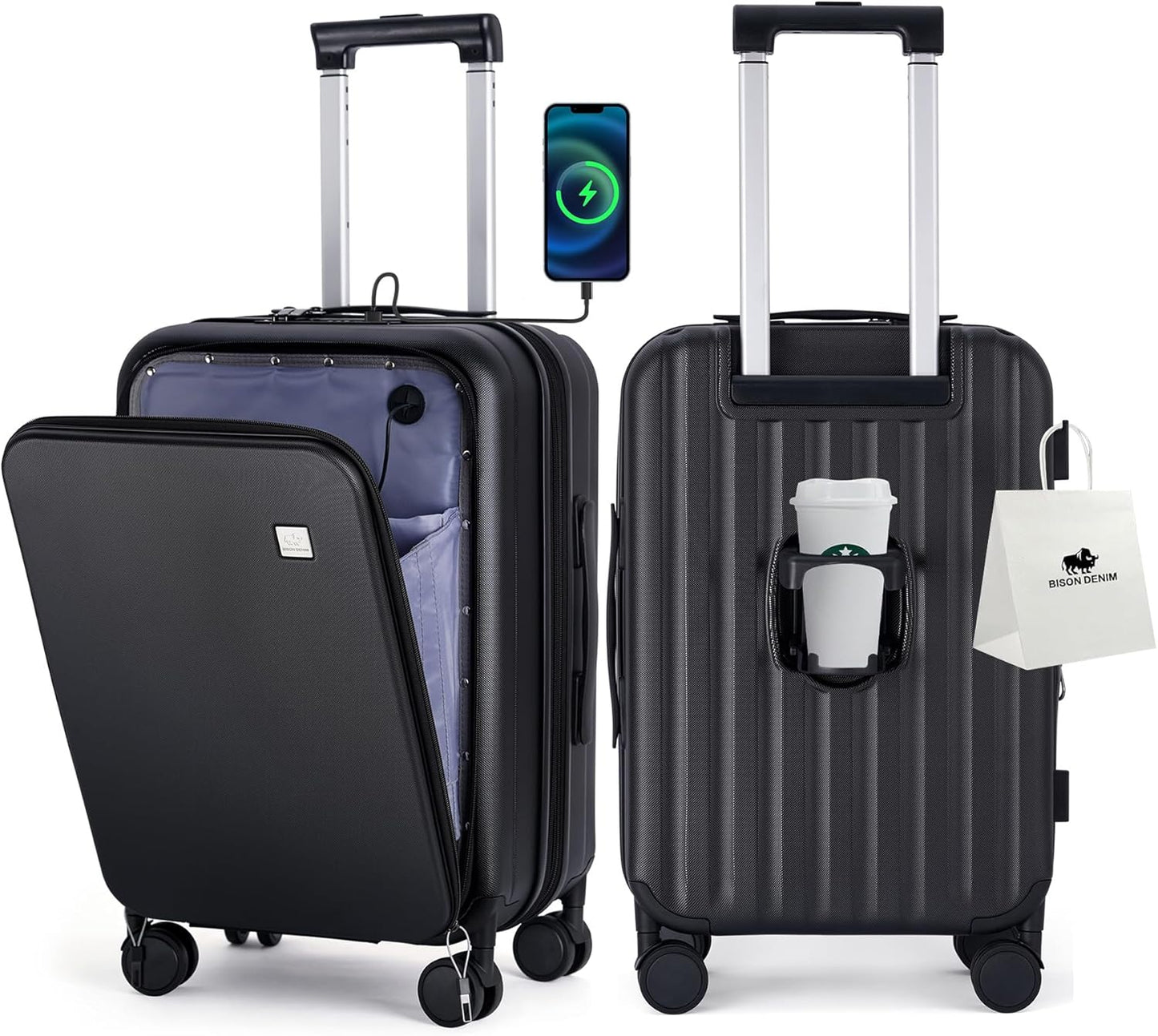 BISON DENIM 20 Inch Carry On Luggage, PC Lightweight Hardside Expandable Carry-On Luggage Airline Approved With Spinner Wheels, Front Compartment, Cup Holde, TSA-approved Lock, USB Port, Black