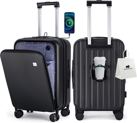 BISON DENIM 20 Inch Carry On Luggage, PC Lightweight Hardside Expandable Carry-On Luggage Airline Approved With Spinner Wheels, Front Compartment, Cup Holde, TSA-approved Lock, USB Port, Black