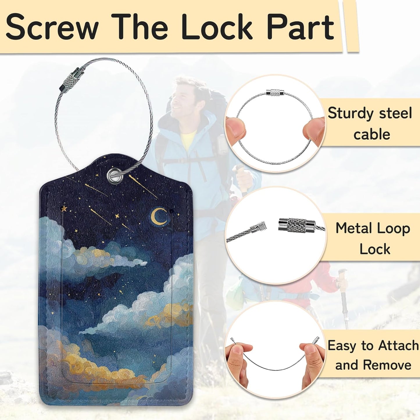 Starry Night Luggage Tags for Suitcase,3 Pack Luggage Tag Leather Privacy Cover ID Label with Stainless Steel Loop for Women Men