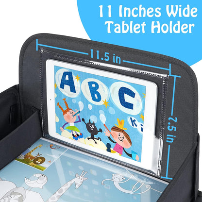 MENZOKE Kids Travel Tray, Travel Tray for Kids Car Seat with Educational Drawing Board, Tablet Holder & Cooler Cup Holder, Portable Road Trip Essentials Child's Gifts for Car Trip, Airplane, Black
