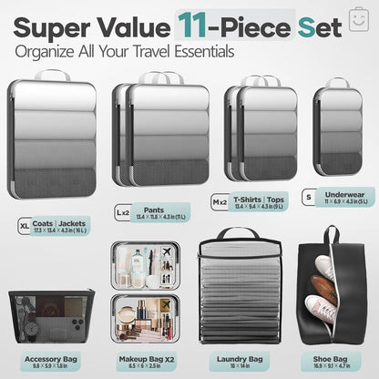 Veken 11 Set Compression Packing Cubes for Travel Essentials,Compressible Expandable Large Luggage Suitcase Organizer Bags for Clothing,Durable Space Saver Storage Bags with Toiletry Bags(Black)
