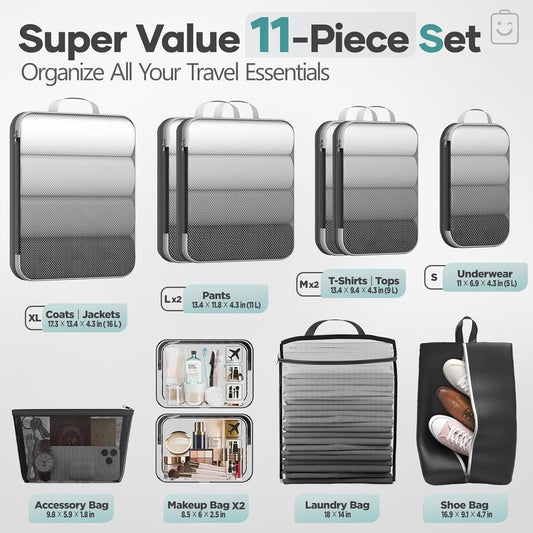 Veken 11 Set Compression Packing Cubes for Travel Essentials,Compressible Expandable Large Luggage Suitcase Organizer Bags for Clothing,Durable Space Saver Storage Bags with Toiletry Bags(Black)