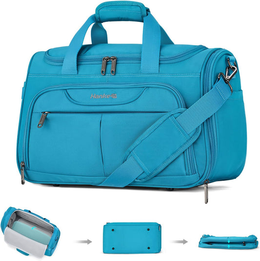 Hanke Foldable Underseat Carry On luggage Bag, Travel Tote Bag for Women & Men, Personal Item Travel Bag Softside Lightweight Luggage Bags for Travel Flight Crew Overnight Weekender.(Caribbean Blue)