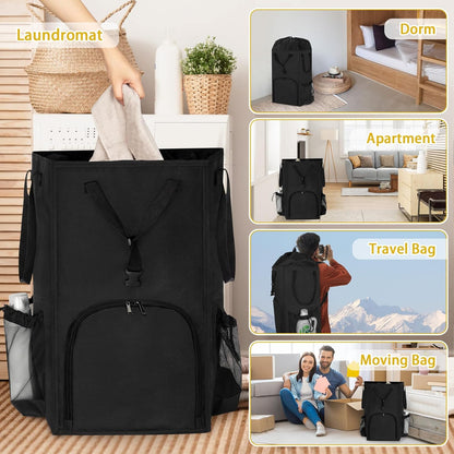 Laundry Bag Backpack Extra Large, 110L Laundry Backpack Heavy Duty with Shoulder Straps, Collapsible and Mesh Pocket Dorm Laundry Basket Hamper Bag for College, Travel, Laundromat, Apartment Black