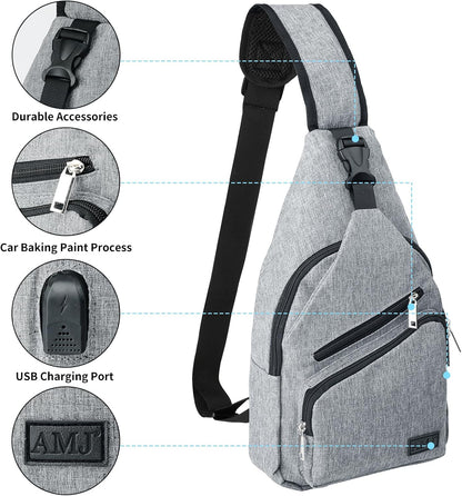 AMJ Crossbody Sling Bag Men Women, Casual Shoulder Backpack, Chest Daypack Satchel for Hiking Travel