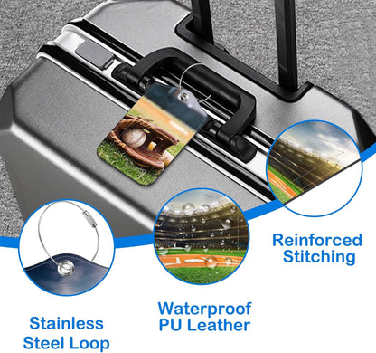 Old Baseball and Glove on Baseball Grand Luggage Tags for Suitcases Leather Travel Tags for Luggage ID Label with Privacy Cover and Stainless Steel Loop for Men Women Suitcase Backpack, Set of 2