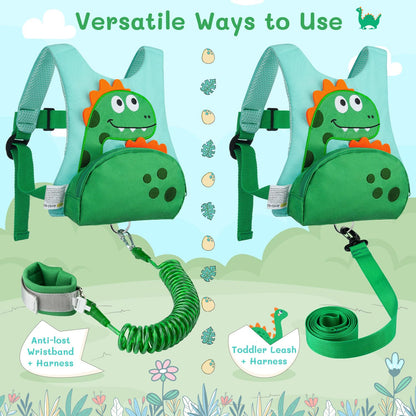 Dr.meter 3 in 1 Toddler Harness Leash + 8.2ft Anti Lost Wrist Link, Cute Dinosaur Kids Safety Harness Tether with Key Lock, Child Protective Leashes While Walking for Outdoor Activity Keep Kids Close