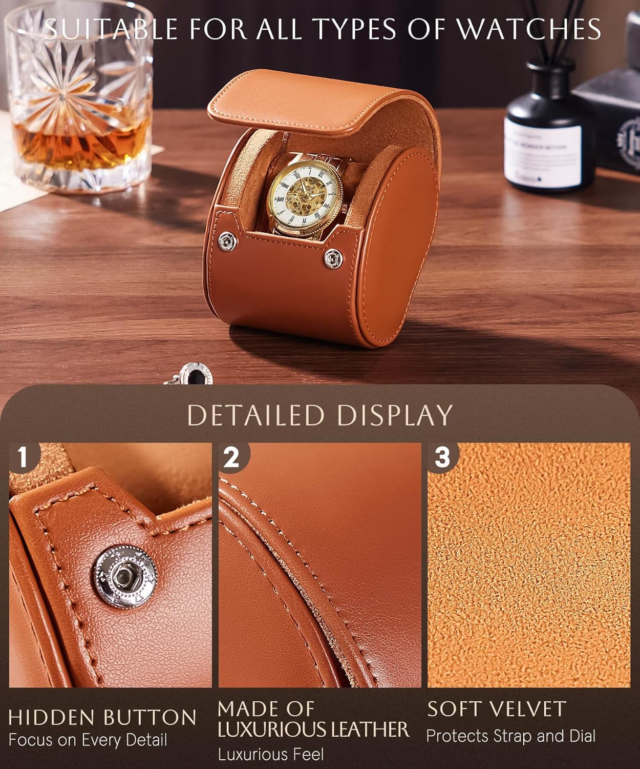 Homde Travel Watch Box Leather: Traveling Case for Men - Luxury Watch Roll for Wristwatch on the Go (brown, S)