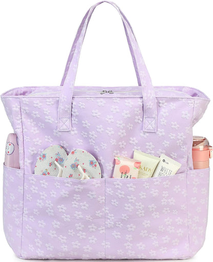 LEDAOU Large Beach Tote Bag Women Waterproof Sandproof Zipper Beach Tote Bag for Pool Gym Grocery Travel with Wet Pocket